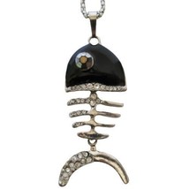 Vtg silver tone black enamel clear rhinestone articulated fish pendant n... - £11.78 GBP