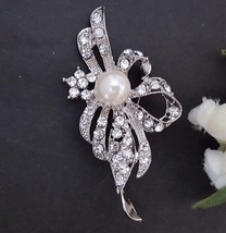 4 pcs Faux Pearl w/ Clear White Rhinestone Brooch Pin 3&quot; Height B358 - £10.21 GBP