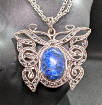 Lapis Lazuli 16 Gram Stone Silver Butterfly Pendant Ornate Frame Two 24&quot; Chains - £7.45 GBP