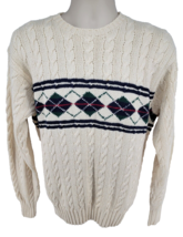 Polo Ralph Lauren Hand Cable Knit Sweater Size L Cotton White Blue Diamond - £32.55 GBP