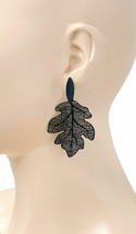 2.5&quot; Long Dainty Leaf Casual Everyday Basic Black LIGHTWEIGHT Pierced Earrings  - £10.25 GBP