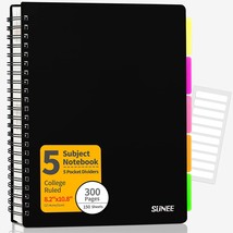 Black Sunee 5 Subject Notebook College Ruled - 300 Pages,, Writing Journal. - $38.97