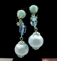 Powder Blue Earrings Clip On Vintage Ab Glass Crystal Dangle Silvertone Japan - £10.27 GBP