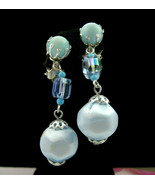 POWDER BLUE EARRINGS Clip On Vintage AB Glass Crystal Dangle Silvertone ... - £10.16 GBP