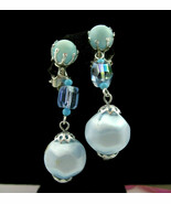 POWDER BLUE EARRINGS Clip On Vintage AB Glass Crystal Dangle Silvertone ... - $12.86