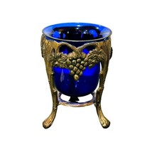 Ornate Brass Stand Cobalt Blue Grapes Design 3 Footed Glass Vase Votive Vintage - £15.24 GBP