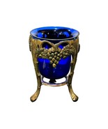 Ornate Brass Stand Cobalt Blue Grapes Design 3 Footed Glass Vase Votive ... - $17.24