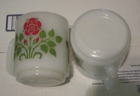 Lot 2 Vintage Glasbake White Milk Glass Mug Red Flowers Coffee Cup Rose  - $9.99