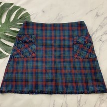 Boden Mini Skirt Size 12 Red Blue Woven Tweed Plaid Fringe Trim Pockets ... - $25.73