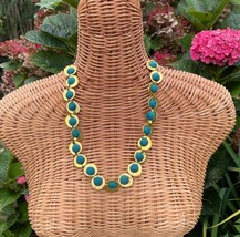 Dark teal felted ball statement necklace, textile art wool necklace, gold color  - £67.56 GBP