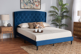 Klara Navy Blue Velvet Fabric Dark Brown Queen Size Platform Bed - $5,776.73 MXN