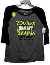 Zombies Want Brains Don&#39;t Worry Your Safe T-Shirt Girls Boys 3/4 Sleeve M 7-9 - £7.00 GBP