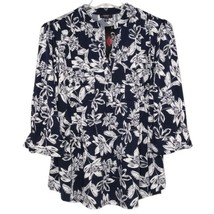 NWT Cocomo Plus Size 1X Navy Blue &amp; White Floral Print Pintuck 3/4 Sleeve Top - £27.90 GBP