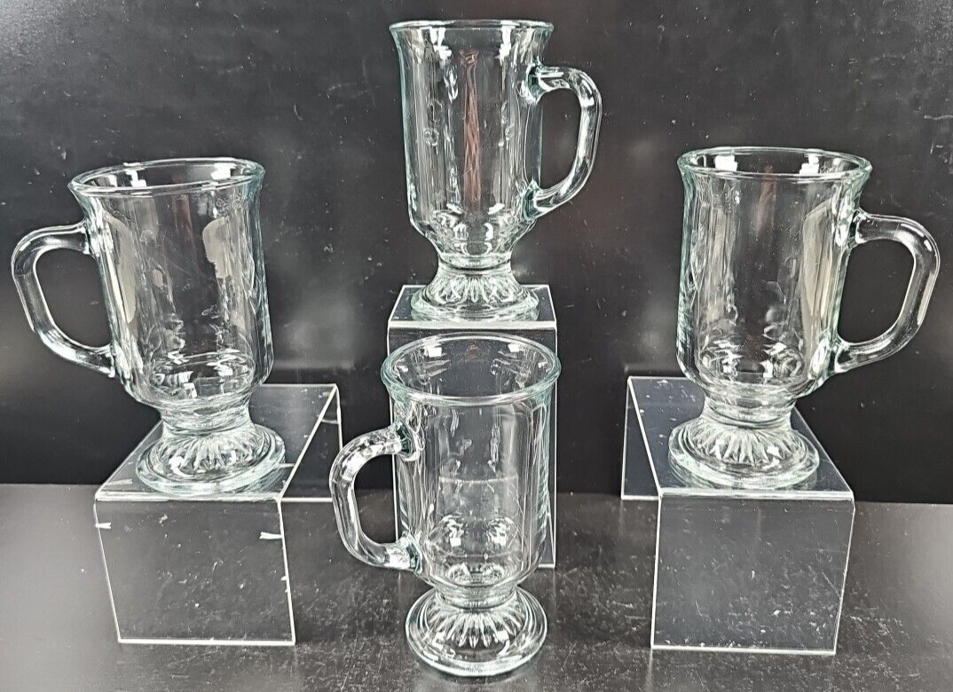 4 Anchor Hocking Irish Coffee Latte Footed Pedestal Clear Mugs Set Drink... - $36.50