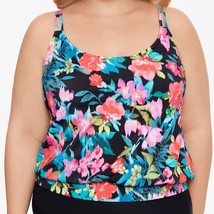 Swim Solutions Plus Size 16W In Living Color Blouson Tankini Top Black New - £31.58 GBP