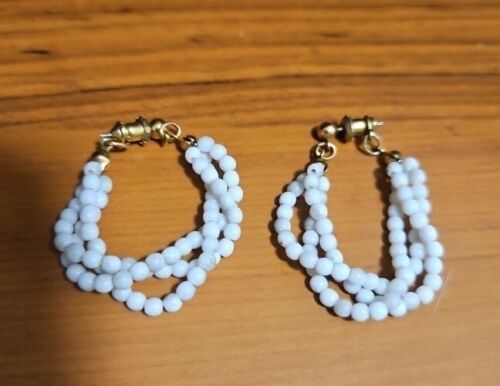 Primary image for Vintage Napier Earrings Beads Triple Strand White Gold Tone Hoops