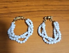 Vintage Napier Earrings Beads Triple Strand White Gold Tone Hoops - $18.80