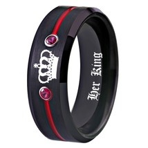 Tungsten Carbide Ring HIs Queen- Her King Ring Black Tungsten With Red CZ Women  - £30.01 GBP