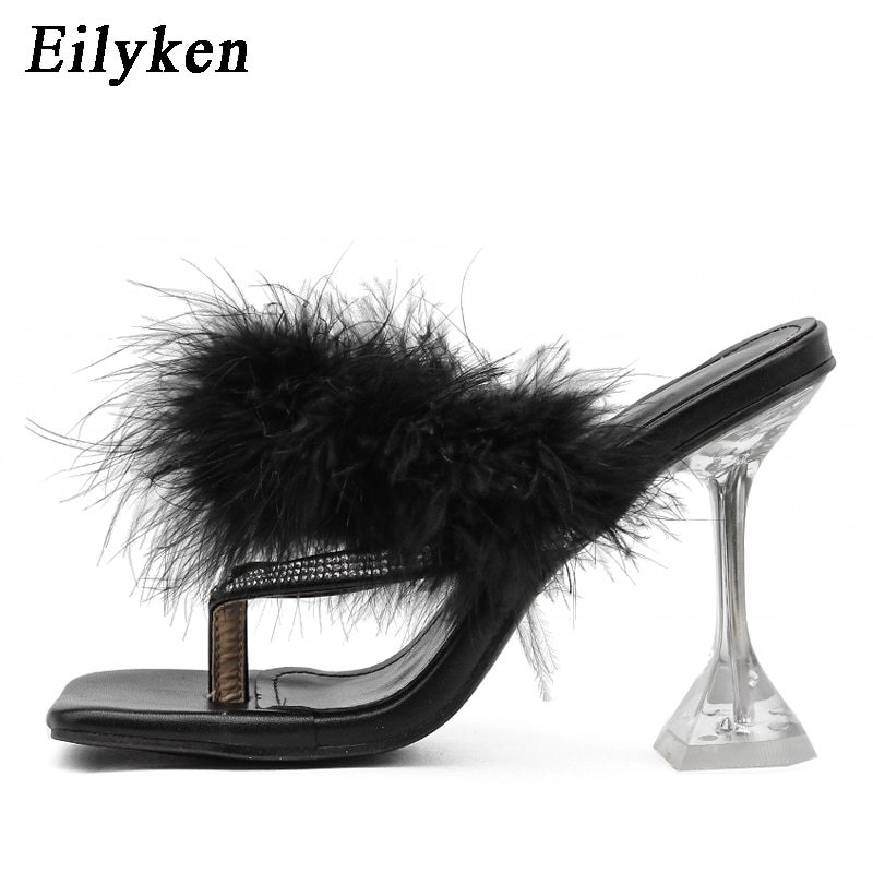 Primary image for Eilyken 2021 Summer Woman Slippers Feather High Heels Ladies Slides Square Toe F