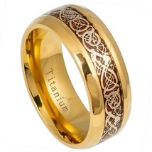 Yellow Gold IP Plated Titanium Ring Celtic Dragon Over Rosewood Inlay 9m... - $719.39 MXN