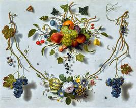 FRAMED CANVAS Art print giclee Trompe l&#39;œil of swags of fruit and flowers pinned - £29.60 GBP+