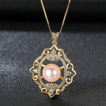 Art Deco Hollow Flowers 18K Yellow GP Natural Pearl Pendant w/ Diamonds Necklace - £81.69 GBP