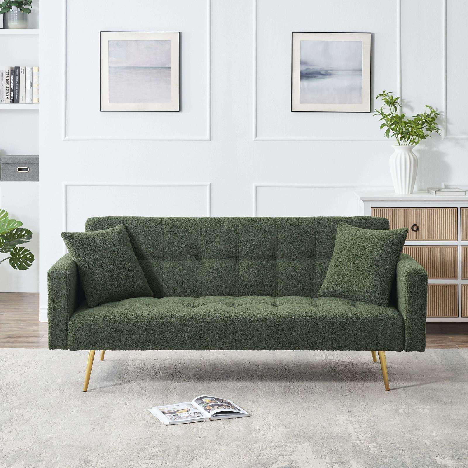 71.7" Green Teddy Fleece Sofa Bed, 2 Pillows, Metal Legs Item image 2
