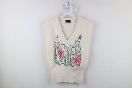 Vtg 70s Country Primitive Womens Medium Hand Painted Flower Knit Sweater Vest - £54.33 GBP
