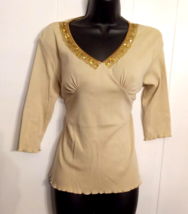 Samantha Stewart Shirt size Med Beige Sequin Lace Accent Empire Knit Top... - $14.79