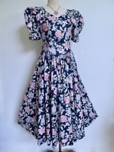 Vintage Laura Ashley Dress 10 US Bow Open Back Navy Pink Purple Floral Puff Slv - £97.96 GBP