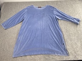 Stan Herman Shirt Womens 3XL Blue Velour Embroidered Floral 3/4 Sleeve T... - $19.79