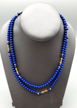Vintage Navy Blue Necklace Gold Tone Elongated Round Beads Barrel Closure 36&quot; - £8.79 GBP