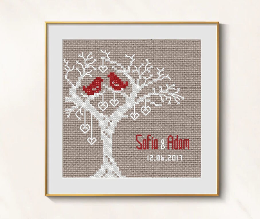 Wedding Tree cross stitch love birds pattern pdf - Wedding Sampler cross... - $3.29