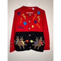 1990s Onque Casuals Dancing Reindeer Christmas Party Festive Squiggle Cardigan L - $38.00