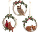 Kurt Adler Set of 3 Birch Berries Cardinal,Fox &amp; Owl In Tree Hole Xmas O... - $39.88