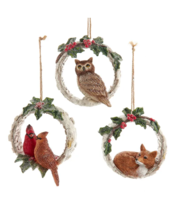 Kurt Adler Set of 3 Birch Berries Cardinal,Fox &amp; Owl In Tree Hole Xmas Ornaments - £31.42 GBP