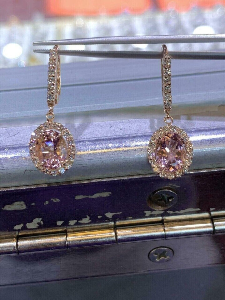 3CT OVAL CUT LAB CREATED MORGANITE WOMEN'S DROP EARRING 14K GOLD PLATED SILVER - $107.99