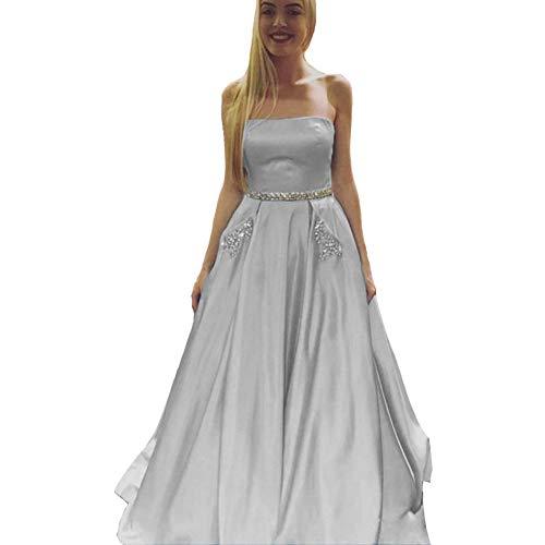 Kivary Plus Size Beaded Belt Long Satin Prom Evening Dresses with Pockets Silver