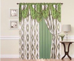 MILANO GREEN LUXURY DRAPE CURTAINS SET WITH ATTACHED VALANCE AND SHEER 4... - £46.70 GBP
