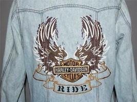 Harley Davidson RIDE Wings Embroidered Accents Braided Cuffs Denim Jacket Wm&#39;s M - £71.93 GBP