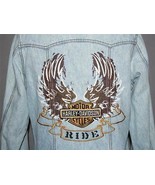 Harley Davidson RIDE Wings Embroidered Accents Braided Cuffs Denim Jacke... - $89.99