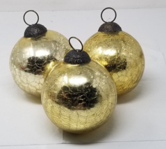 Gold Crackle Finish Glass Christmas Ornaments Set of 3 Heavy Large Vtg - £14.15 GBP