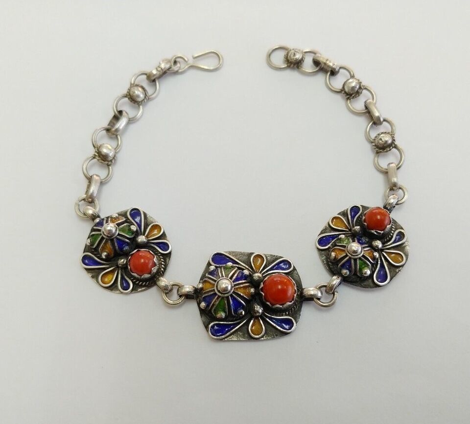 Kabyle Bracelet Silver Berber Enamel Cuff Coral Antique Vintage Tribal M... - $128.70
