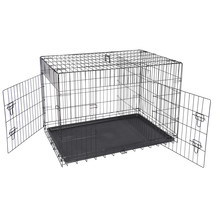 42&quot; Dog Crate Kennel Folding Metal Pet Cage With Tray Pan Black 2 Door - £82.95 GBP