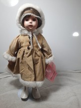 vintage porcelain doll In Corduroy Pants Jacket Hooded On Stand White Boots - £9.55 GBP