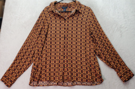 Rachel Roy Shirt Women XL Brown Geo Print Long Sleeve Pleated Collar Button Down - £17.63 GBP
