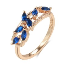 New Blue Natural Zircon Ring for Women Trendy 585 Rose Gold Leaf Ring Romantic V - £7.24 GBP