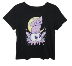 Women&#39;s Black Cotton Tee Purple Multi Witchy Goth Cat Skull Crystals Size Large - $14.99