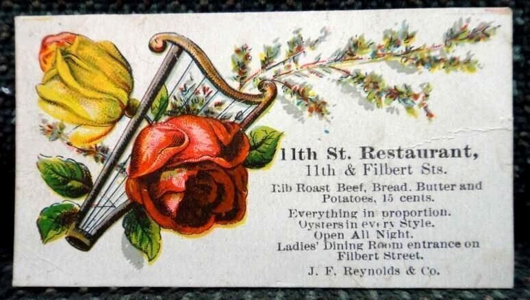 1876 antique 11th St. RESTAURANT MENU CARD philadelphia pa Filbert JP Reynolds - $48.46