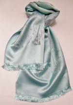 Paris France Vintage Silk Scarf Souvenir Light Blue Fringed Romantic - £39.18 GBP